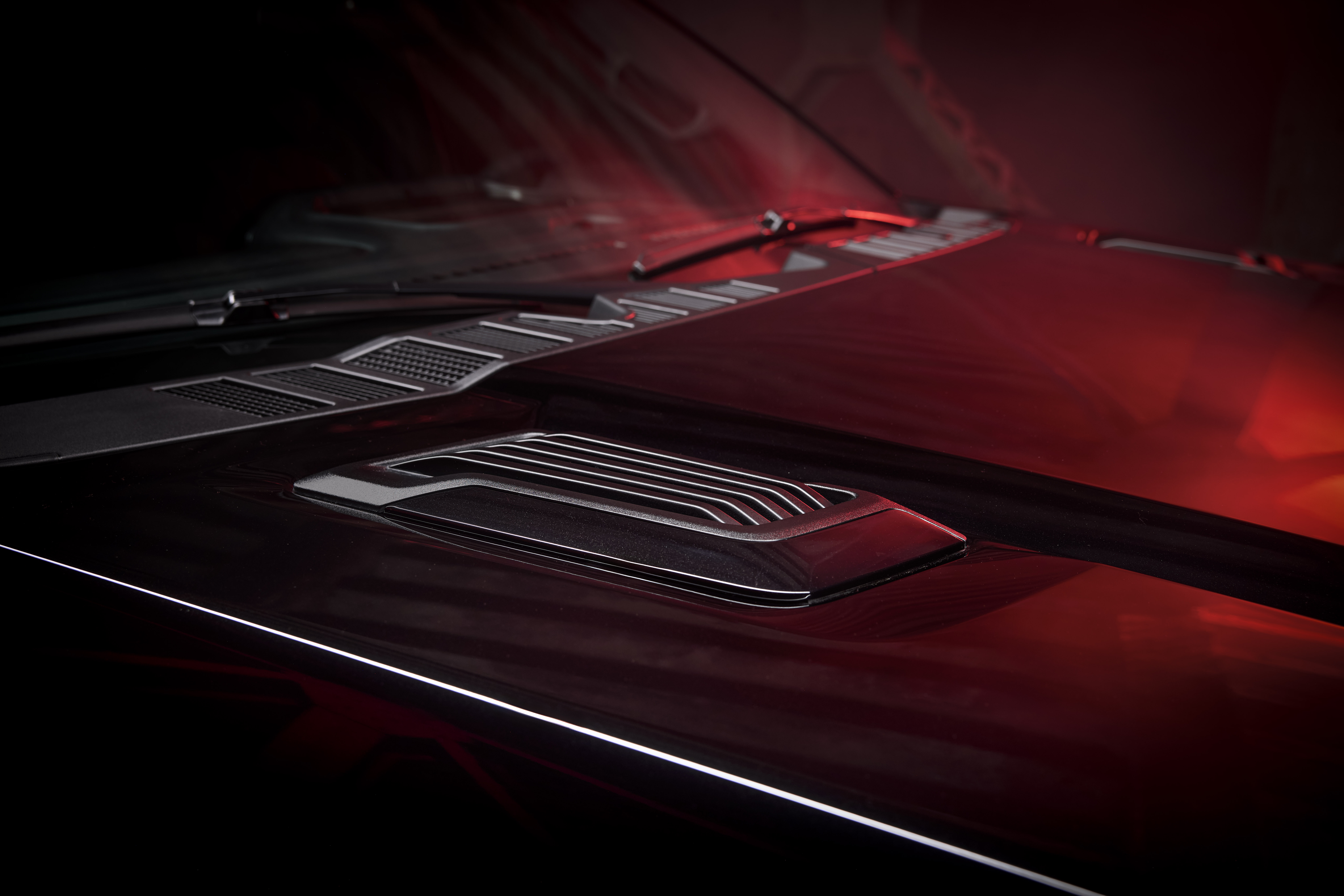 Detail shot of Ford F-150 Lobo hood.